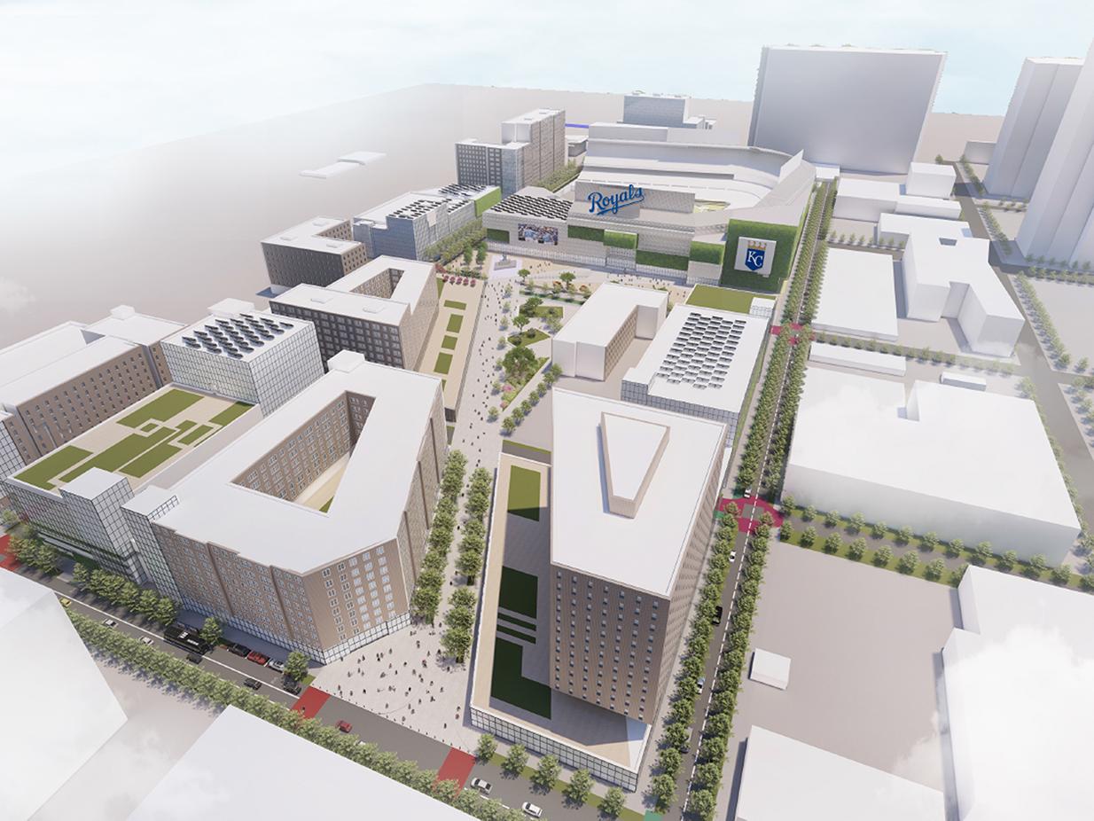 A birds-eye view of the urban design plan for a section of Kansas City, Missouri. 