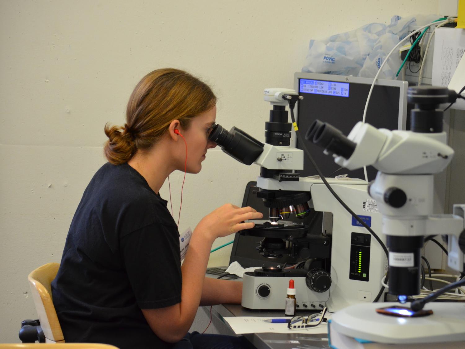 Heather Jones looking through microscope