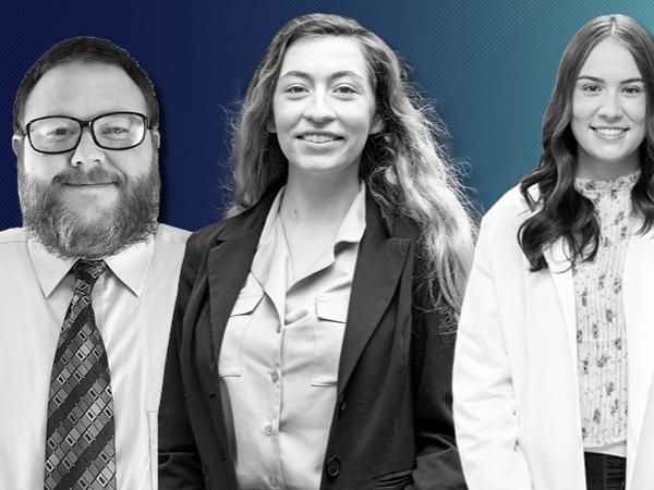 Black and white cutout images of Jeff Alloway, wearing thick-rimmed glasses and a tie; Corinne Ellis, wearing a business suit; and Grace Muench, wearing a lab coat. Blue gradient background.