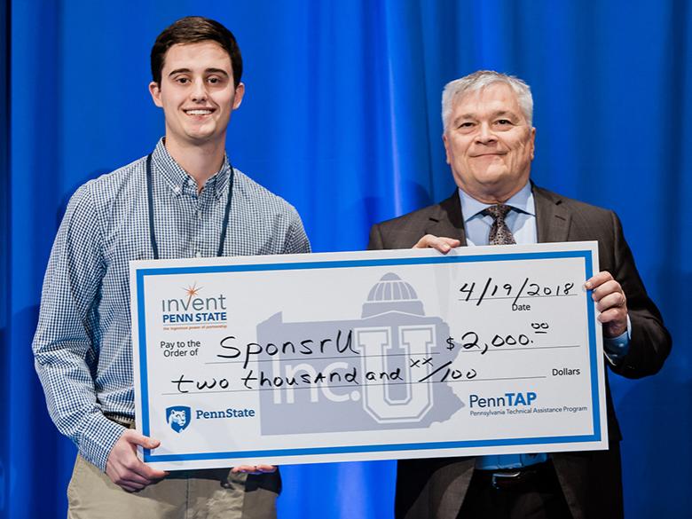 Penn State alum and SponsrU founder, James "Jimmie" Aversa with Penn State President Barron at the 2018 Invent Penn State Venture & IP Conference
