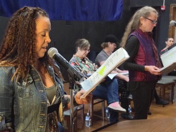 Cast of The Vagina Monologues being held at Penn State Shenango rehearse their lines
