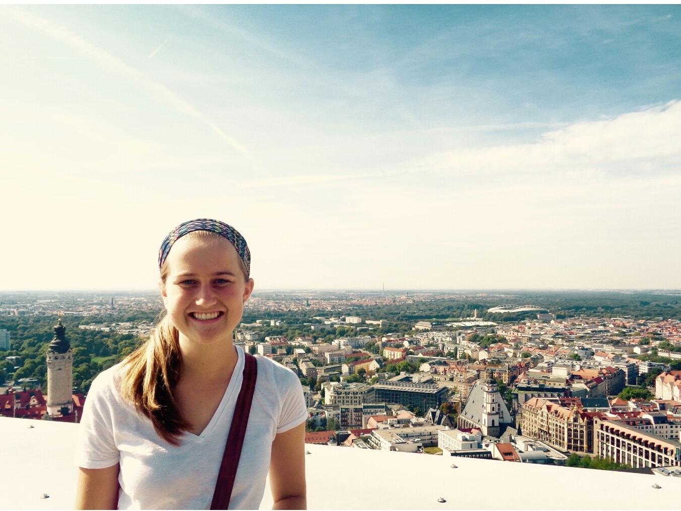 Penn State alumnus and Fulbright English Teaching Assistant Amanda Thoet stands on the top of the MDR Radio Tower in Leipzig, Germany, where she is living for the next seven months.