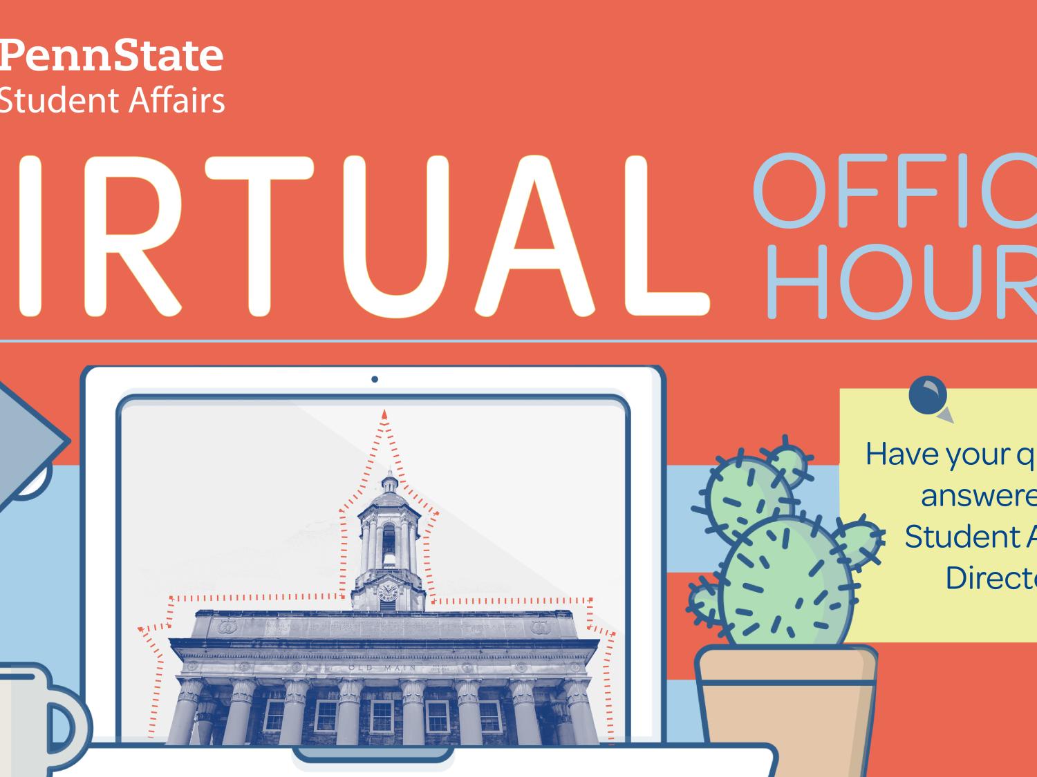 Virtual Office hours laptop, lamp, cactus, coffee mug