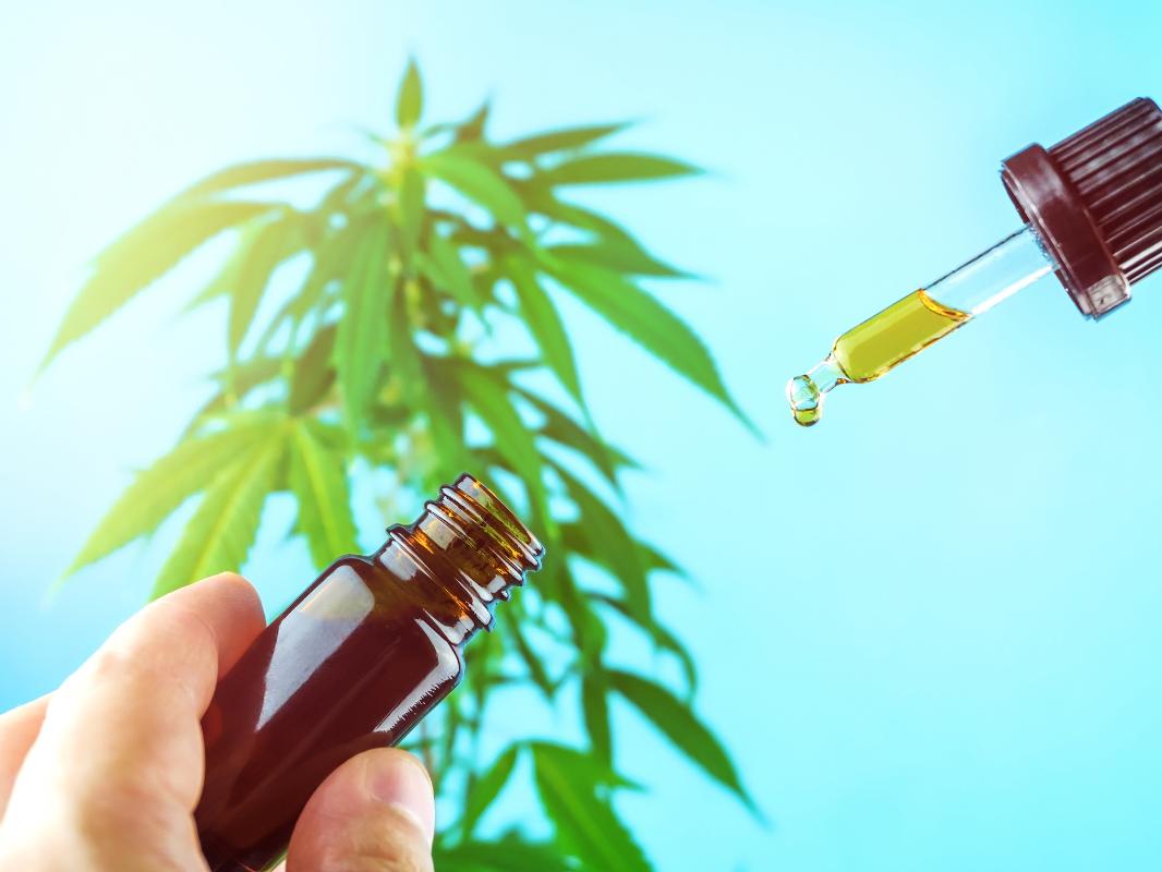 A person's left hand holds an amber bottle, their right hand holds a dropper with liquid in it. In the background is a plant. 