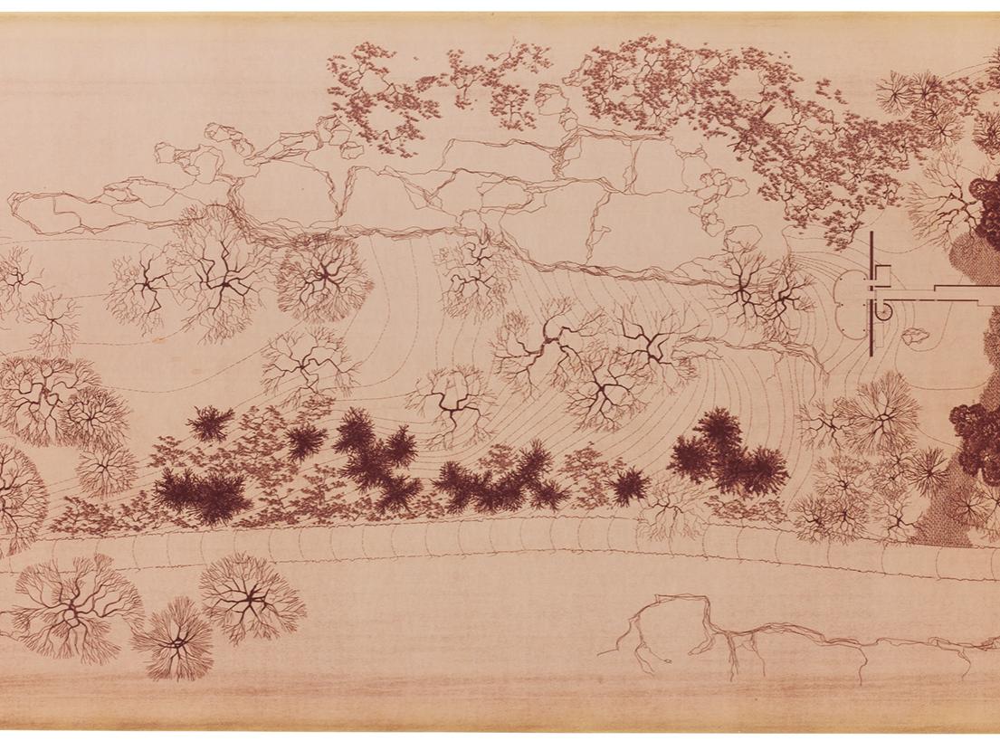 Sepia-tinted, hand-drawn house and landscape site plan
