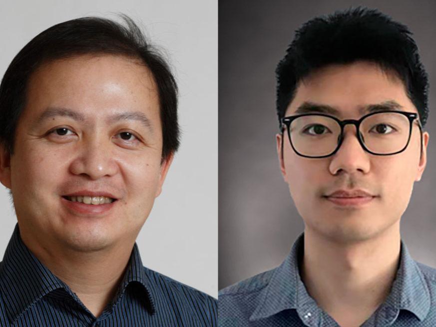 Two headshots side by side. The left side features a man wearing a dark blue and black striped shirt, and the right side features a man wearing glasses and a blue-gray shirt