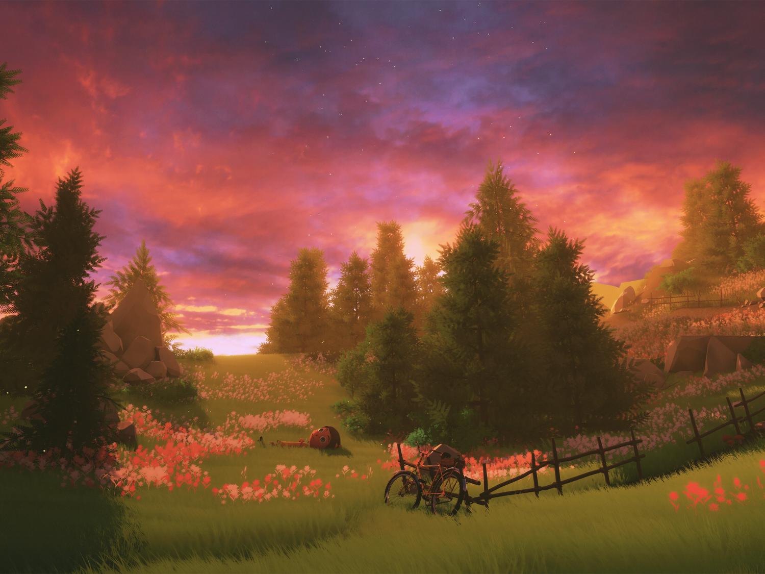 A cartoon girl relaxes in a field in a screenshot from the videogame "Where the Bees Make Honey"