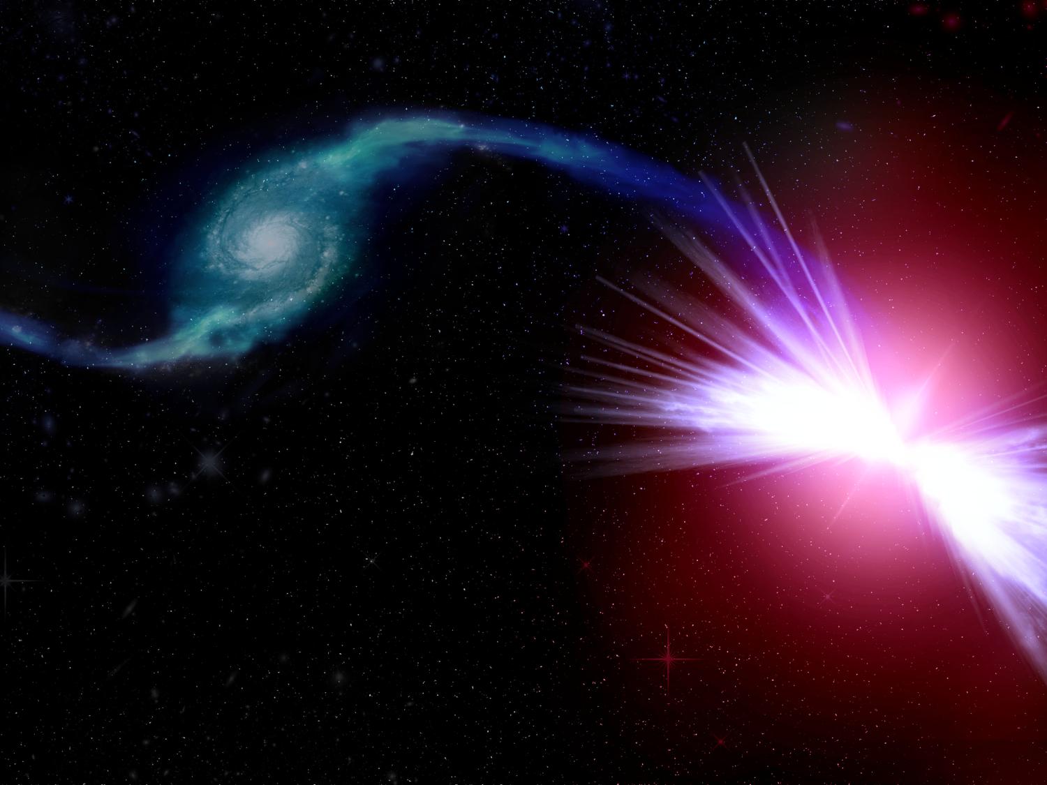 On the left, a blue image of the spiral galaxy Tetsuo; on the right, a bright pink and white flash representing the heating up of the galaxy Akira