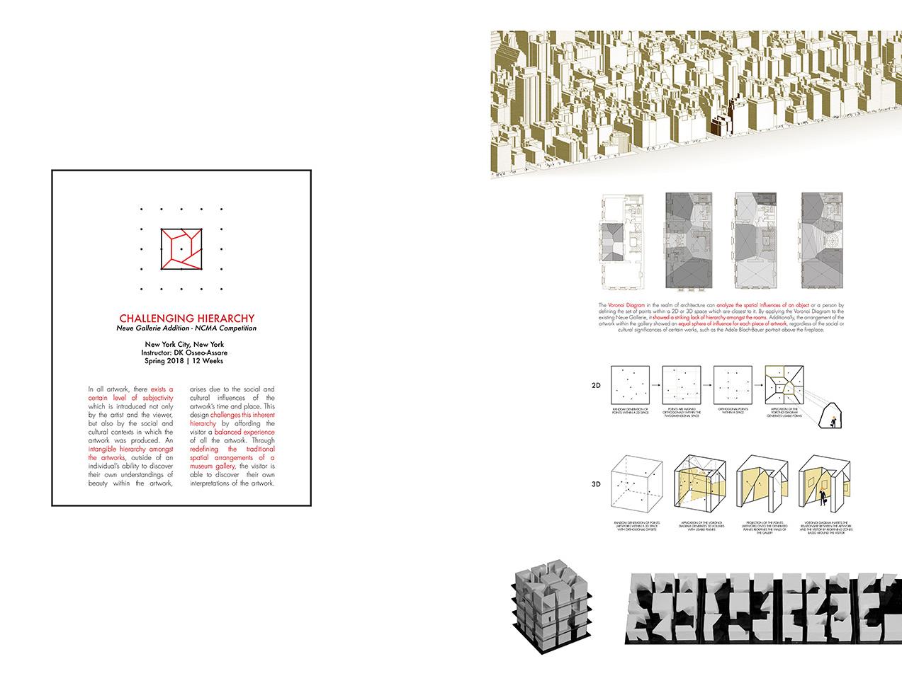 Challenging Hierarchy text on the left and visual representations of challenging hierarchy in architectural buildings on the right.