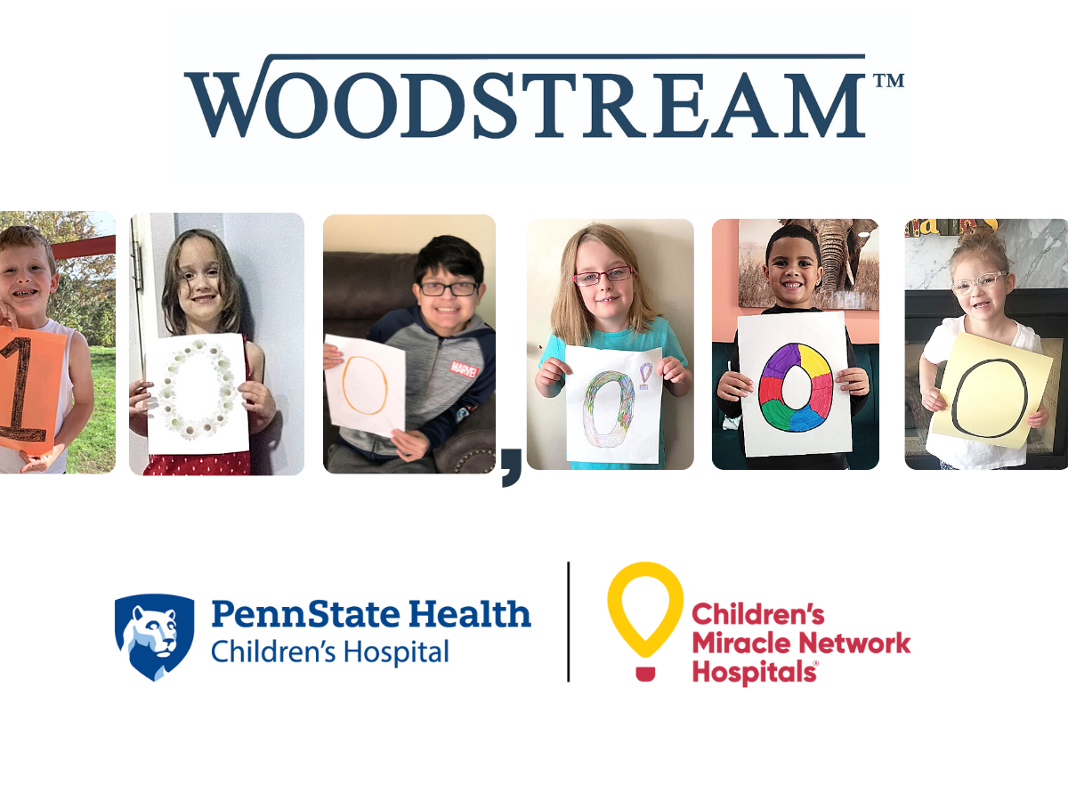 A collage depicts six children each holding up a digit in the number "100,000." The Woodstream, Penn State Health Children's Hospital and CMN logos also appear.