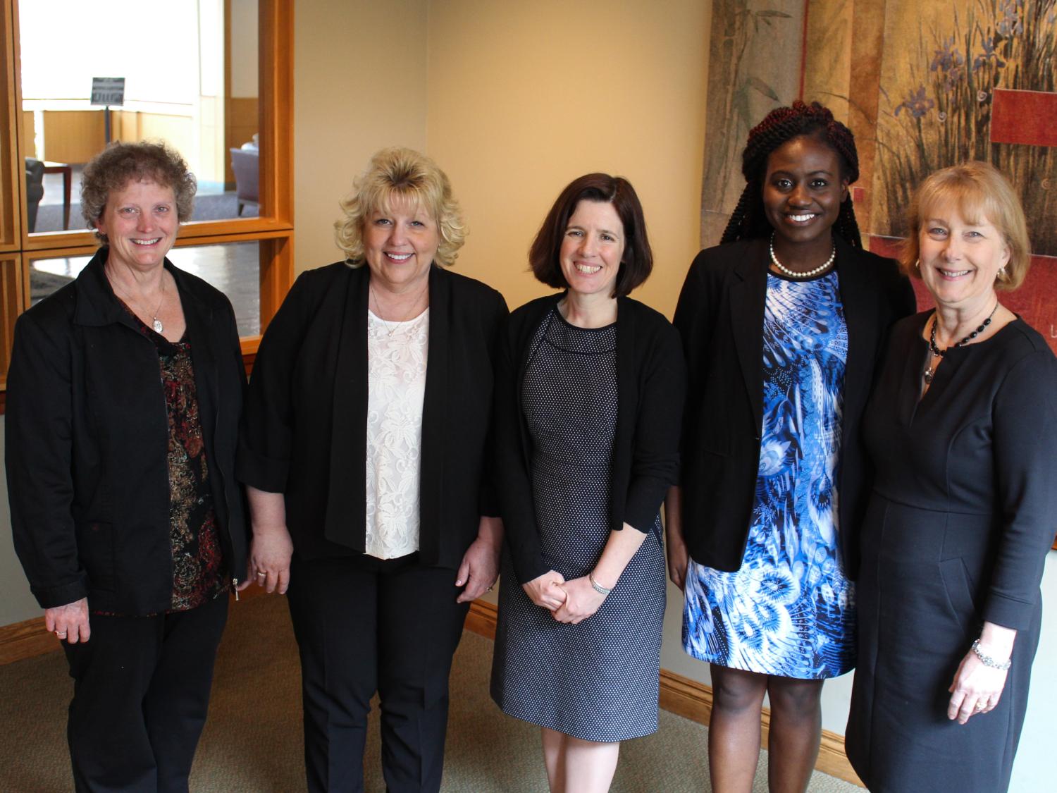 Recipients of the Penn State Commission for Women 2016 Achieving Women Award include, from left: Toni Chainey, Kimberly Jo Neibert, Elizabeth Wright, Estella Obi-Tabot and Carol McQuiggan. Not shown, Niki Page and Juan Qiu.