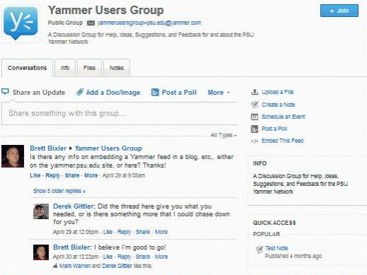 Discussion thread in the Yammer Users Group