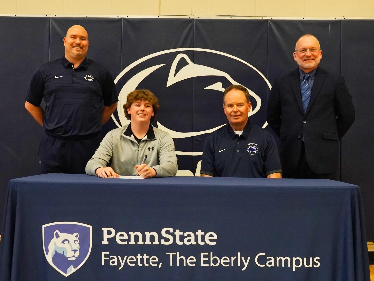 Lou Zadecky, athletic director; Jarred Provance; Dave Gumbert, head golf coach; Charles Patrick, chancellor and chief academic officer.