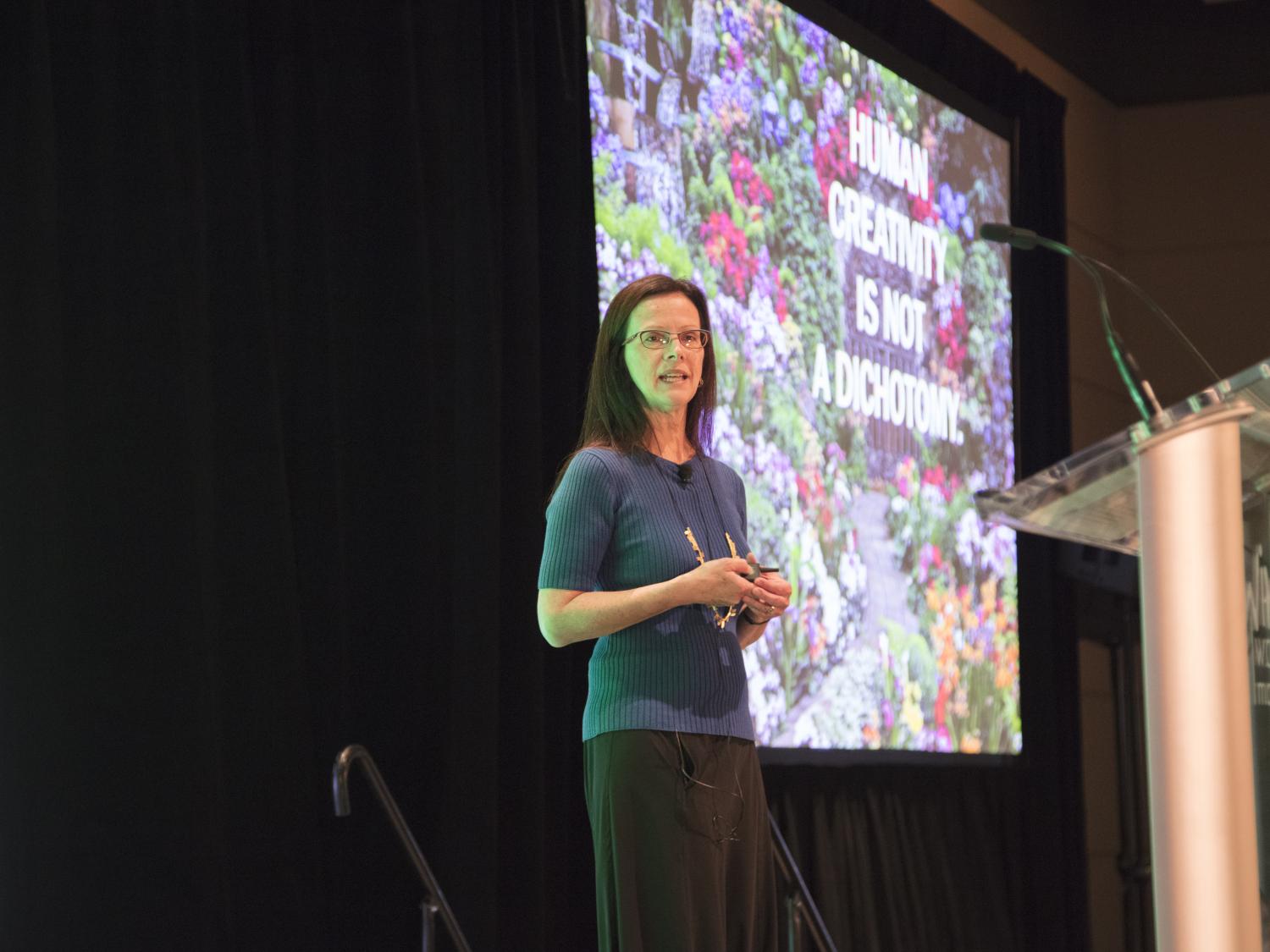 Kathryn Jablokow presenting on stage at the Women in Manufacturing summit