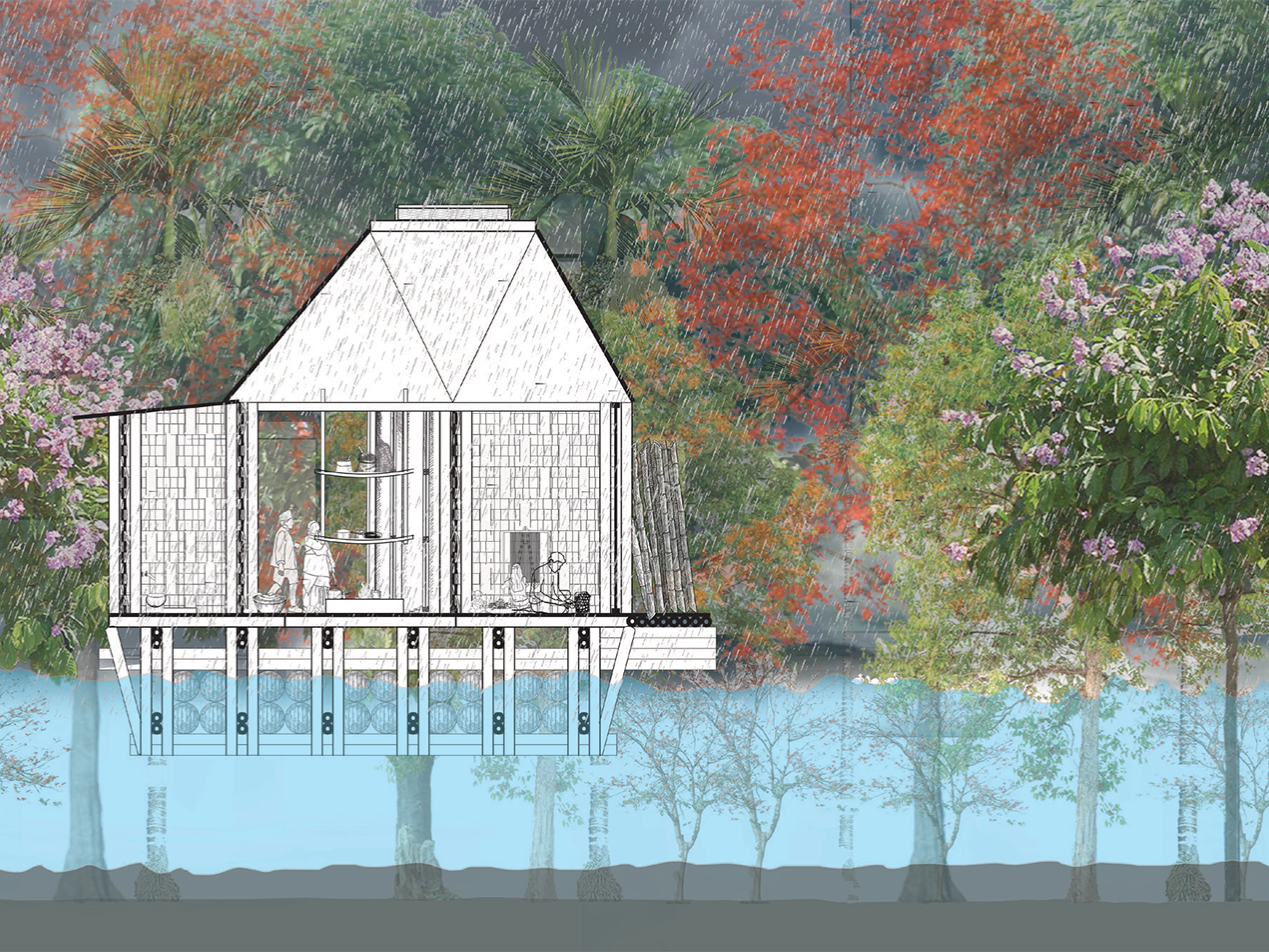 A rendering of the longitudinal section of an amphibious modular unit in Majuli, which Agrawal proposes in her thesis, shown during a flood.