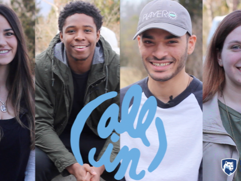 Four students with all in logo over the photo