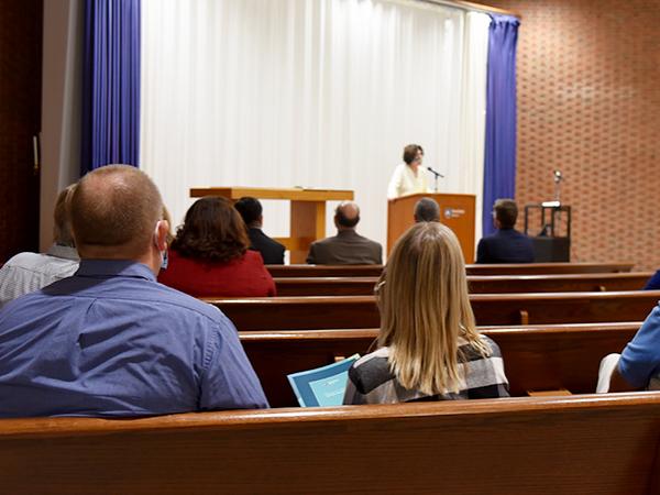 Chancellor Lori J. Bechtel-Wherry offers welcoming remarks at the faculty and staff awards