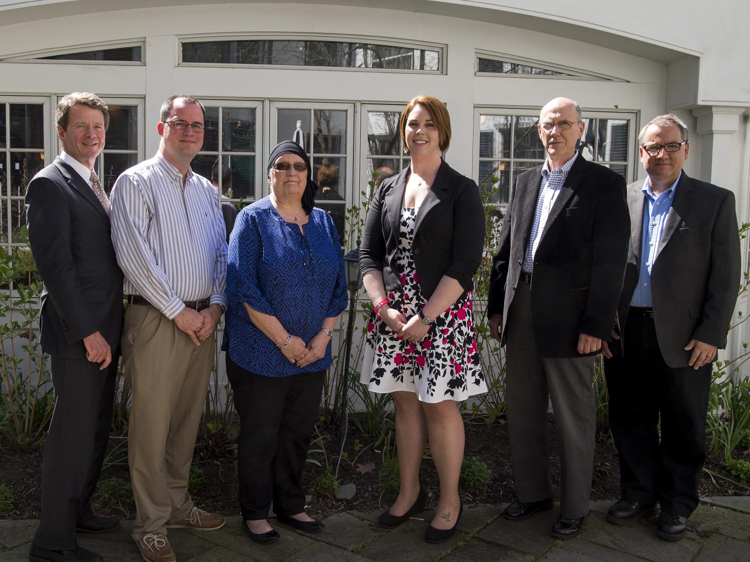Dean David H. Monk, left, with award winners Joshua Miller, Cathy Hipple, Courtney Lynch, Richard Hazler and Jerry Henry.