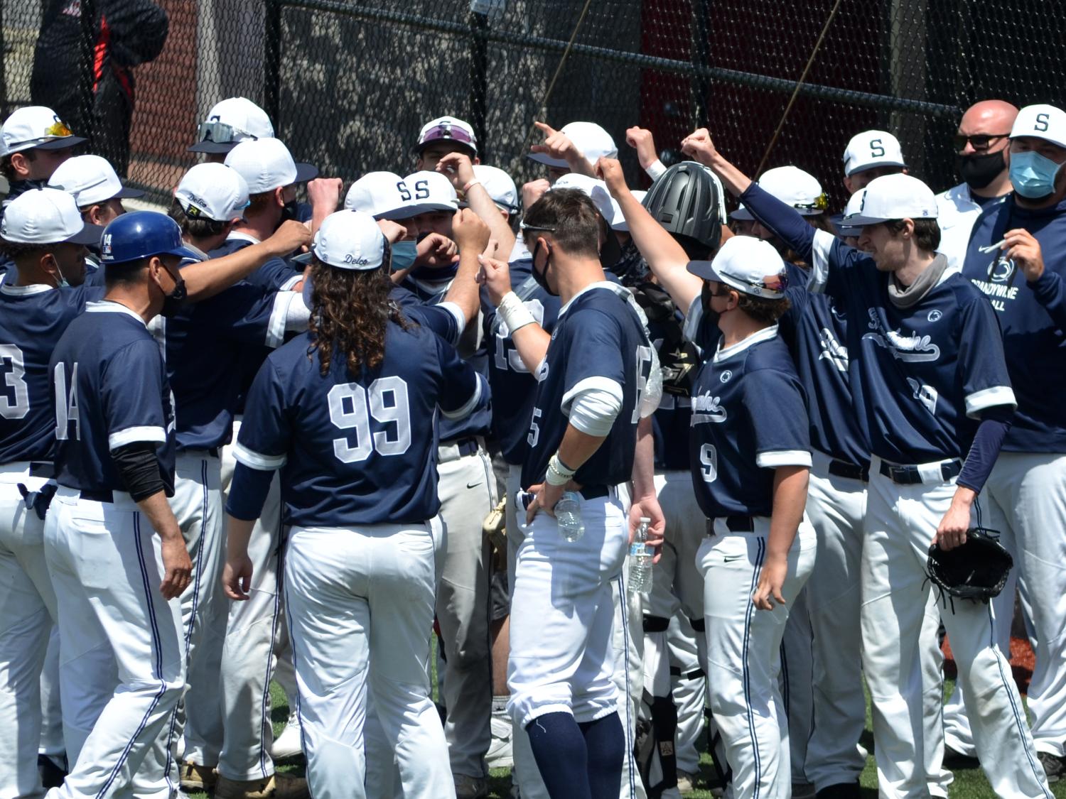 The Brandywine baseball team huddles prior to its first-ever USCAA World Series game.