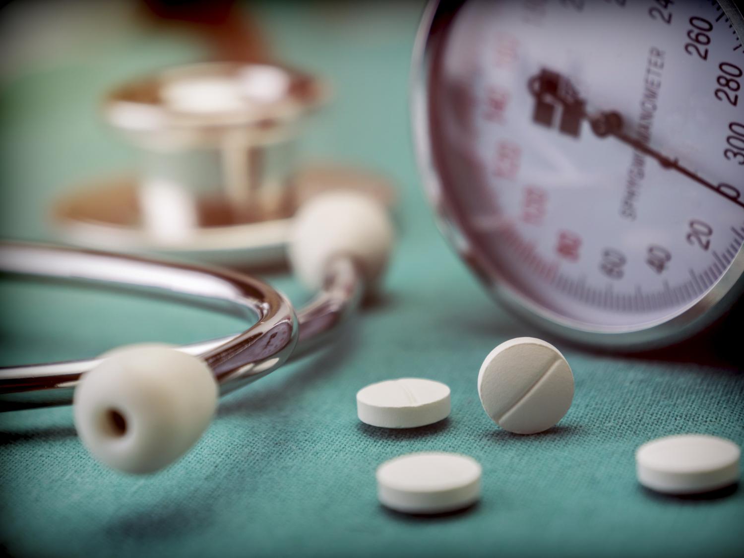 pills, pressure meter, stethoscope