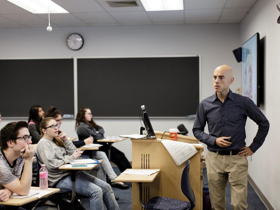 Associate Professor of History Justin Nordstrom teaches a class at Penn State Hazleton. Nordstrom’s First Year Engagement (FYE) class at Penn State Hazleton received a recorded response from author Russell Gold.
