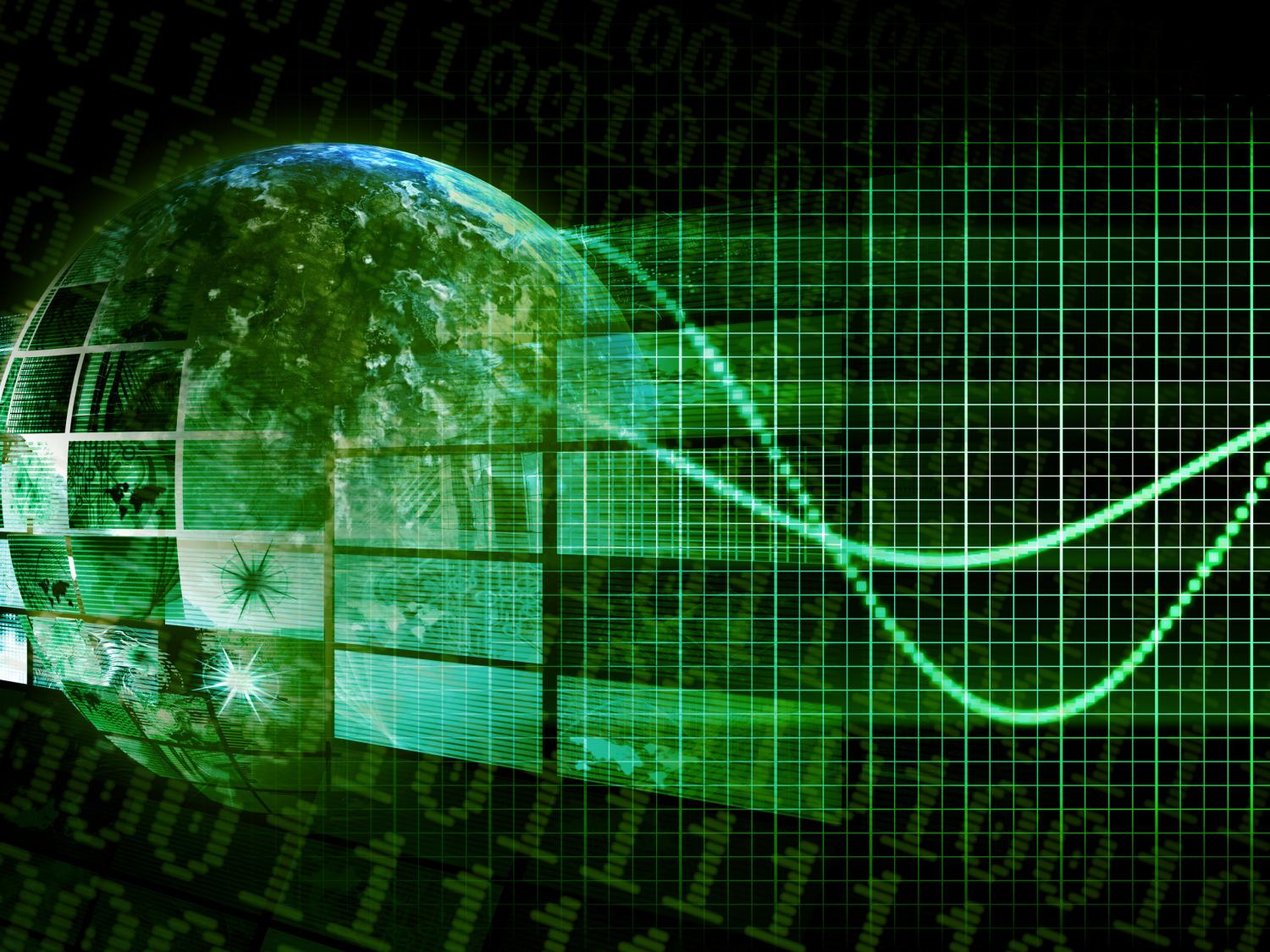 An illustration of the globe with digital data streaming off it.