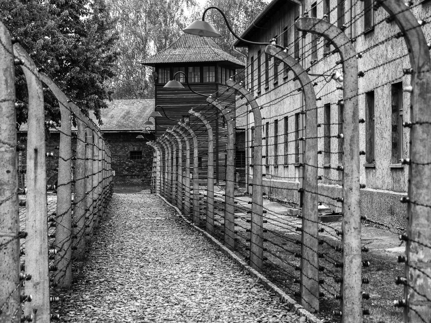 An external photo of a concentration camp from World War II.