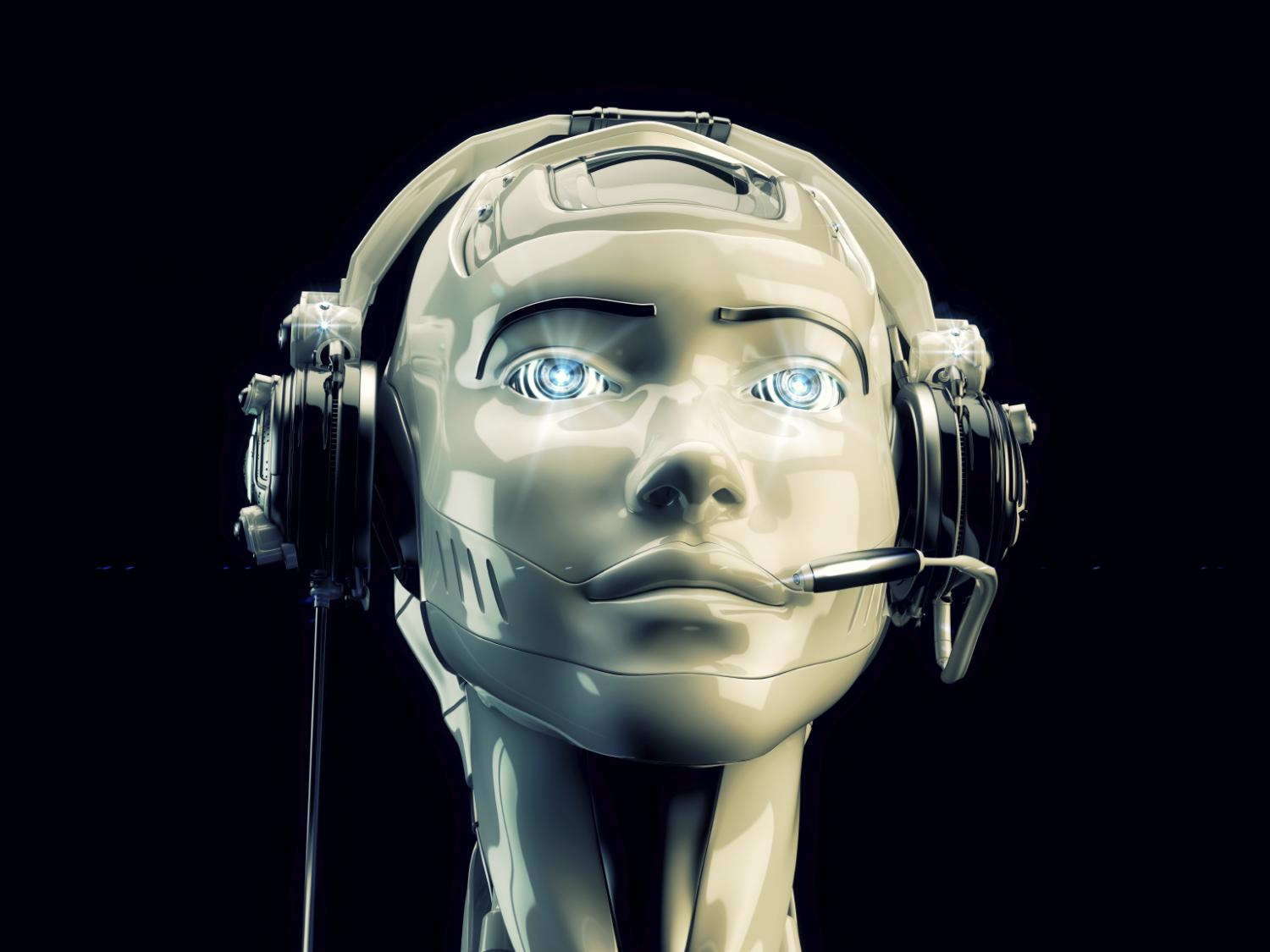 robot head wearing headphones and mic