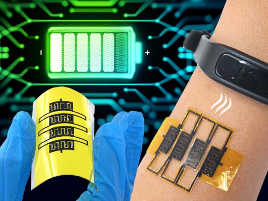 On the left is a gloved hand is holding a prototype of a micro-supercapacitor, and on the right is the prototype displayed on a human wrist. 