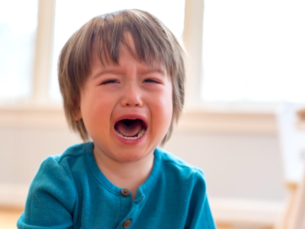 A young boy cries with his mouth open. In the background are some windows and furniture, slightly out of focus.