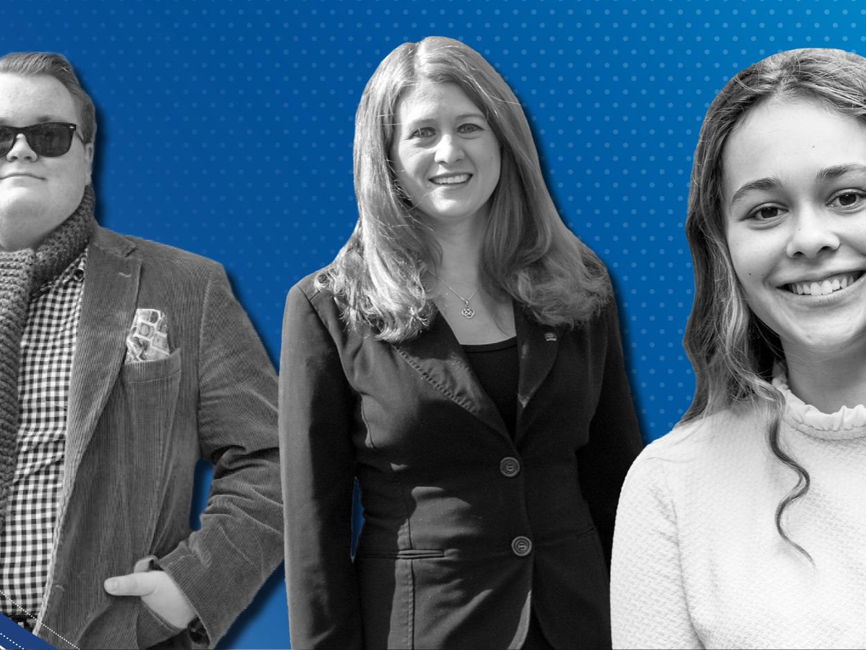 Black and white cutout images of Adam Moyer, Valerie Schrader, and Courtney Weikel on a blue background with a dotted texture.