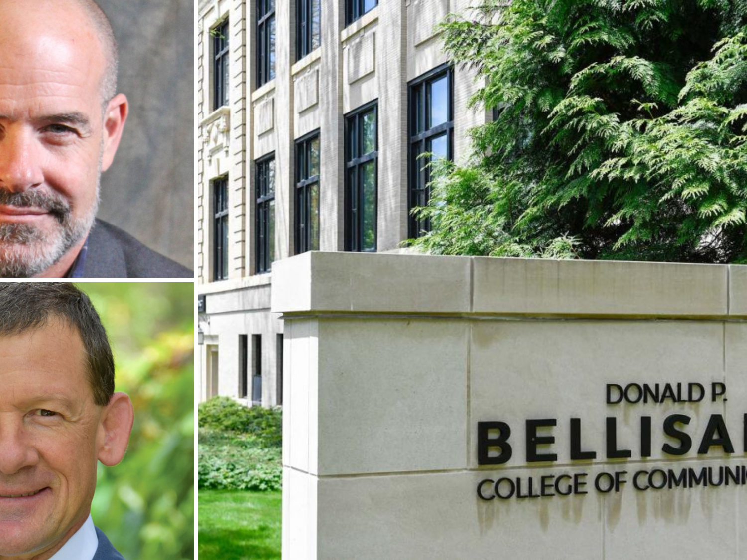 Lee Ahern, Patrick Plaisance and the sign of the Bellisario College are shown.