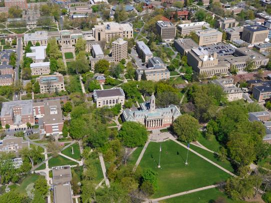 An aerial photo of the Old Main lawn at the Penn State University Park Campus.