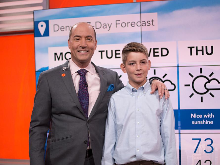 Cullen stands with one of his meteorology heroes, Bernie Rayno, a Penn State alumnus and chief video meteorologist and lead forecaster for AccuWeather