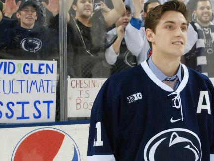 Penn State men's hockey assistant captain skates at Pegula Ice Arena as fans cheer