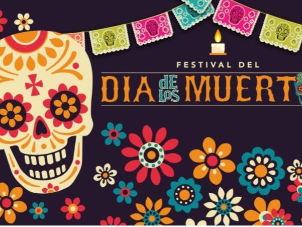 Graphic with colorfully decorated skull, flowers and Dia de los Muertos highlighted.