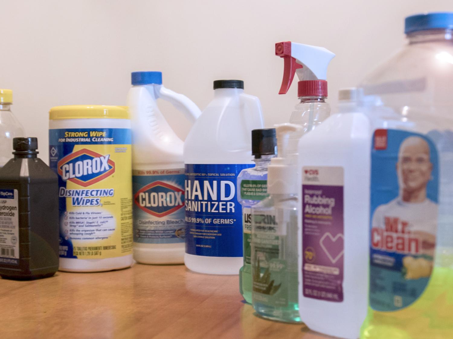collection of bottles of household disinfectants