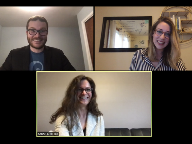 Three professors conduct a meeting on Zoom.