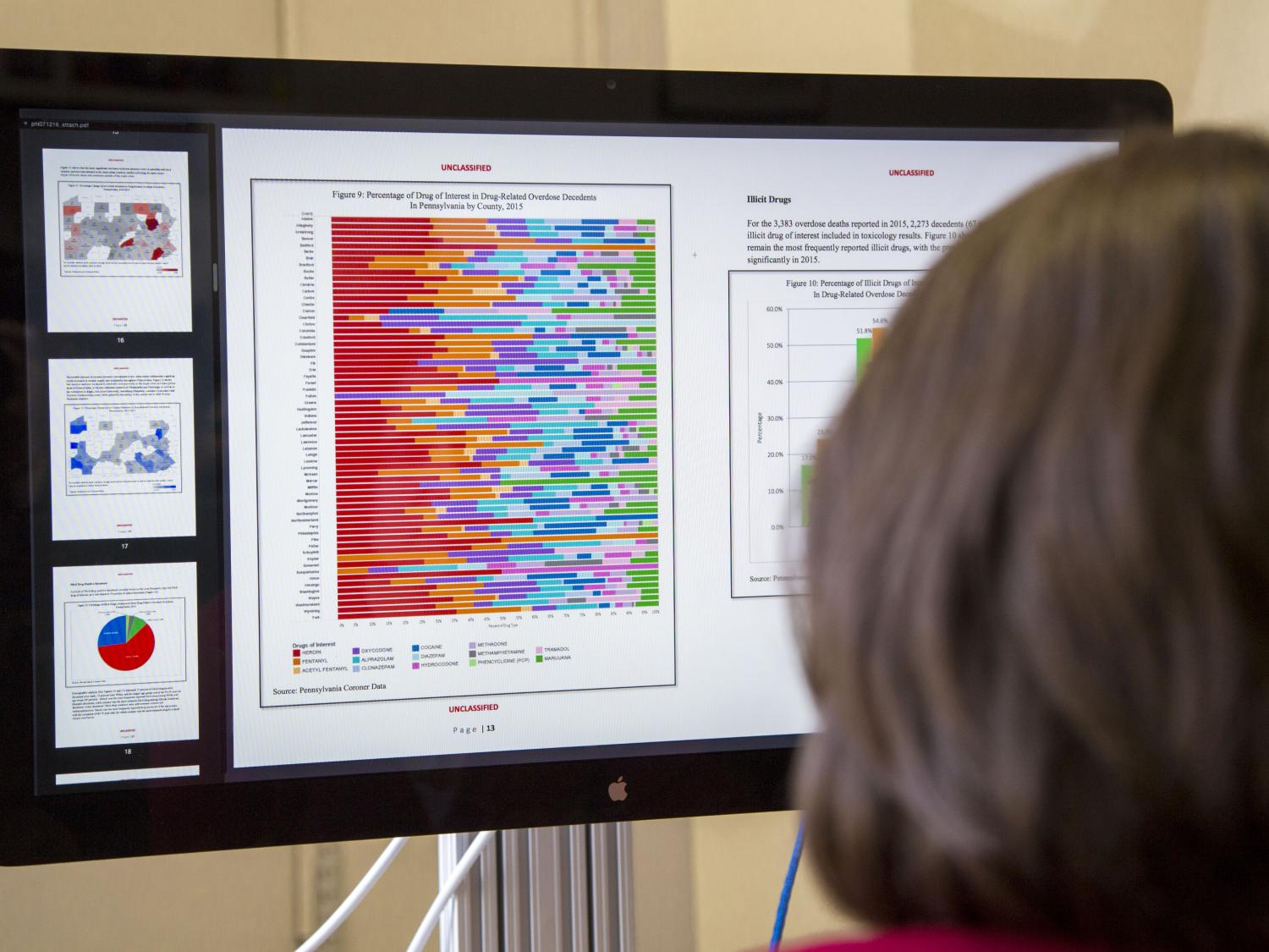 A woman reviews statistics related to drug overdoses in Pennsylvania