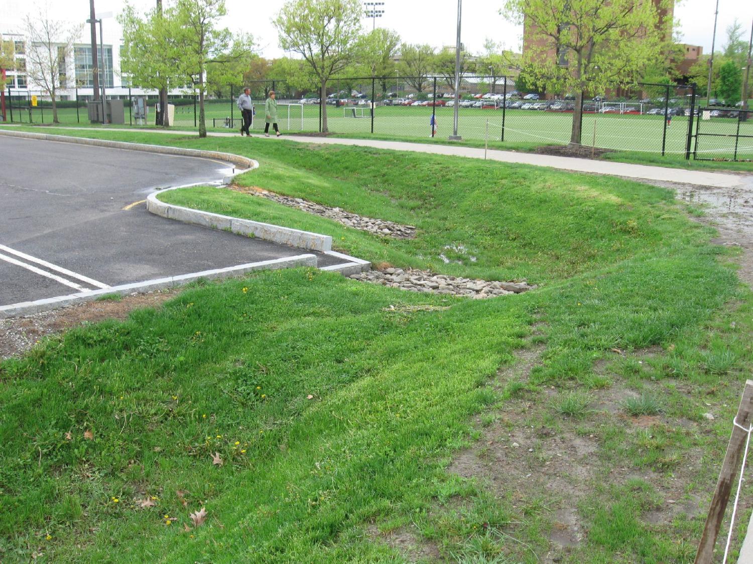 Road with dry detention basin with some tock at the bottom