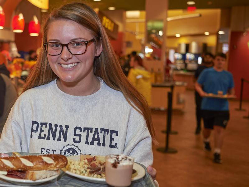 Penn State student shows off her meal in the dining commons