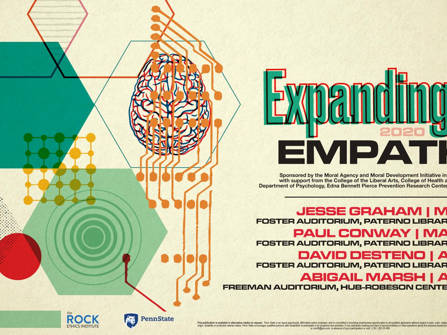 Horizontal image of the 2020 "Expanding Empathy" lecture series schedule, including drawings of the circle of empathy, the human brain, and their interconnectivity