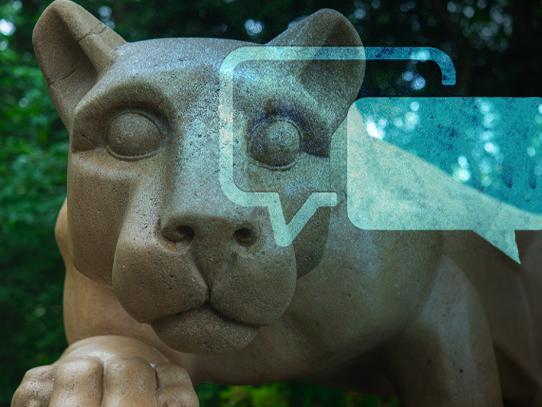 A photo of the Nittany lion shrine with an image of two text boxes superimposed over and near its eye. 