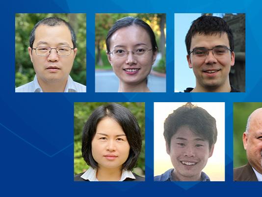 A composite image of six headshots in two rows against a blue background