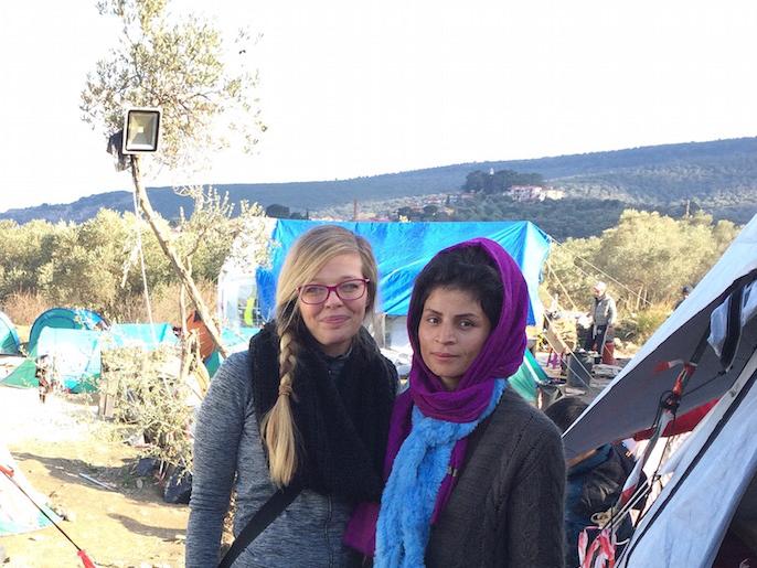 Laura Emanuel with refugee at Camp Moria