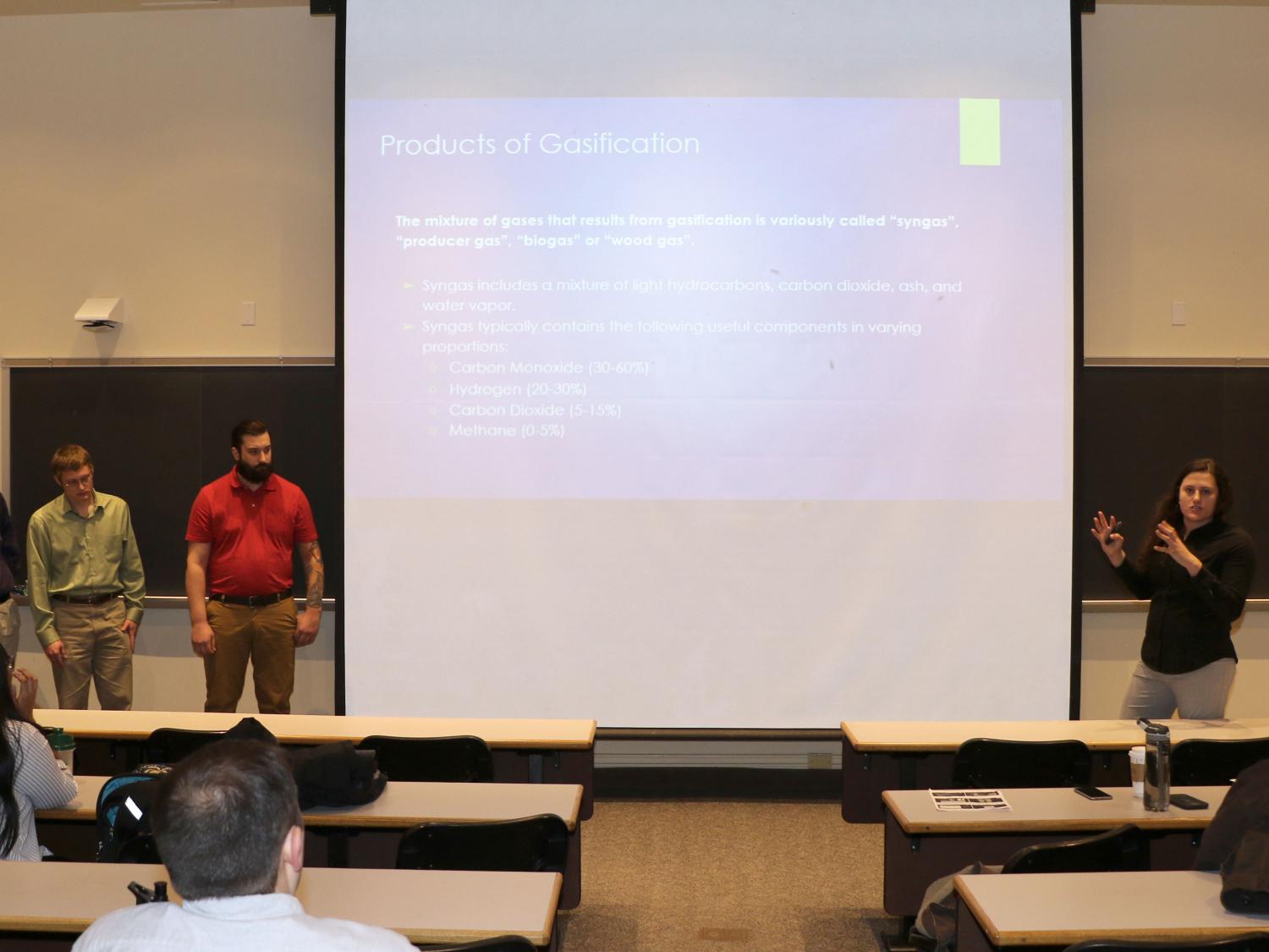 Engineering students, from left, Dan Lanphear, Steven Baksa, Aleksander Everett, Albert Kauker and Megan Pandolfelli present their research project proposal. 