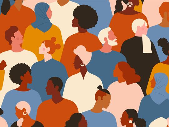 An illustration depicts people of different backgrounds in a crowd.