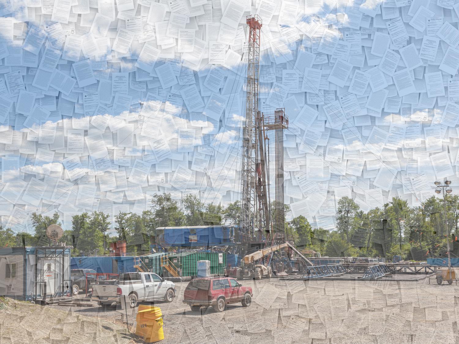 a fracking rig construction site in Pennsylvania overlaid with images of documents