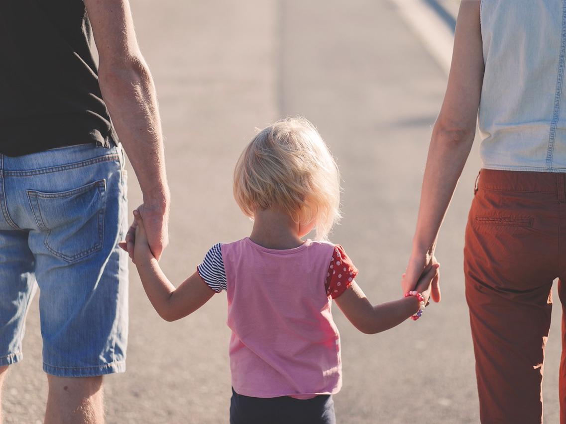 Little girl holding her parents hands