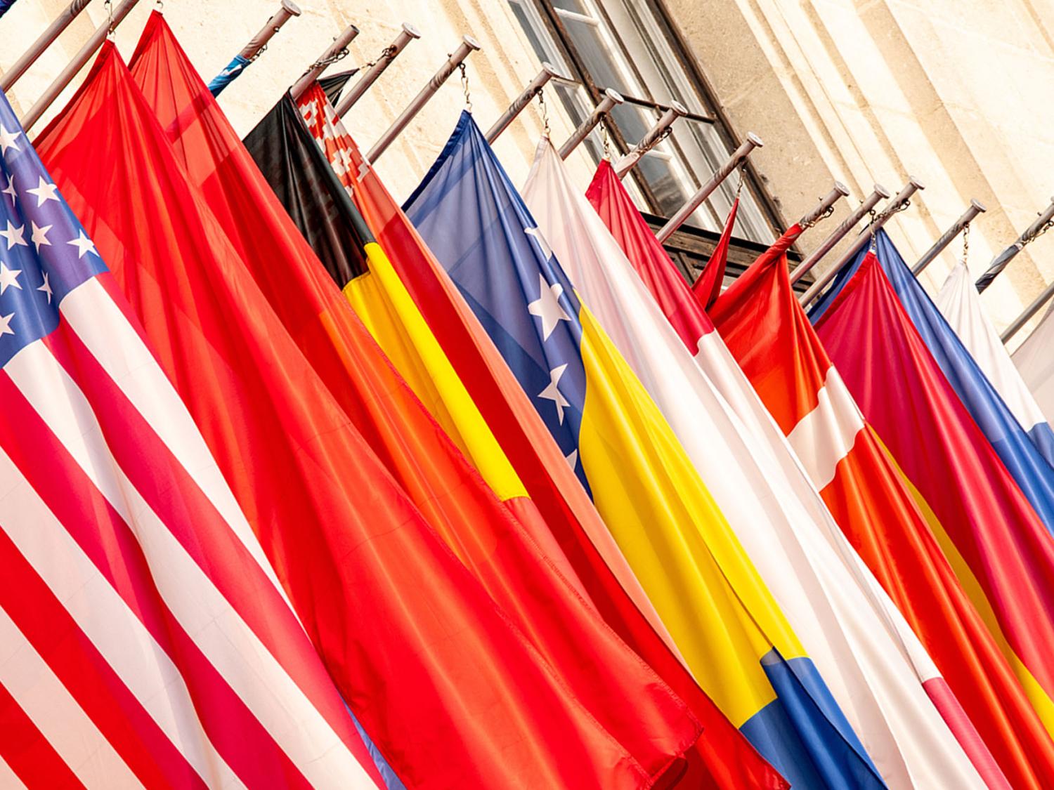 Row of U.S. and other countries' flags